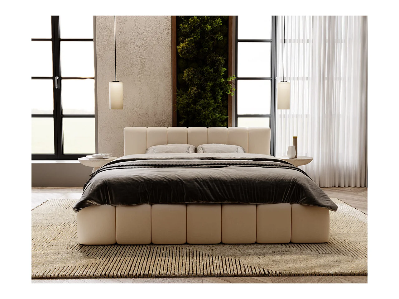 Lit rembourré avec rangement - 140 x 200 - lit double - velours - crème - Split