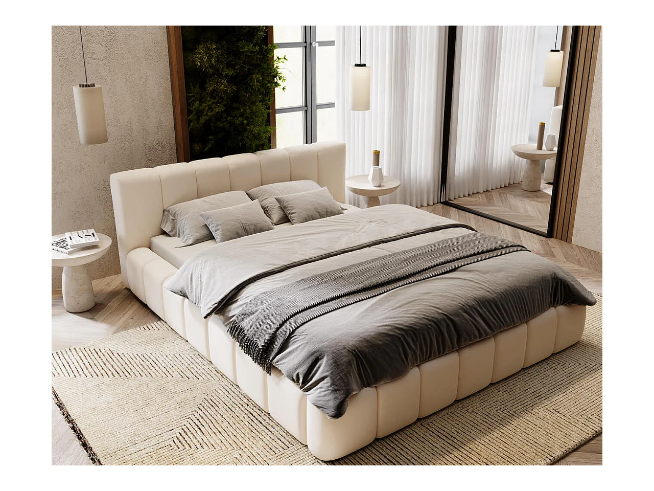 Lit rembourré avec rangement - 140 x 200 - lit double - velours - crème - Split