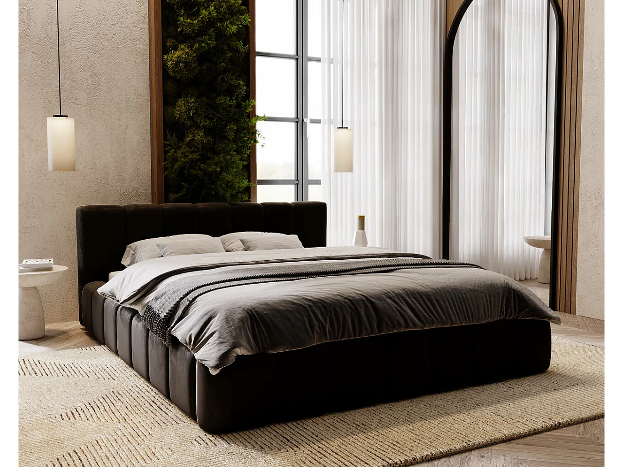 Gestoffeerd bed Split 160x200 zwart - opbergruimte voor beddengoed, houten lattenbodem, doorgestikt hoofdbord en bedframe