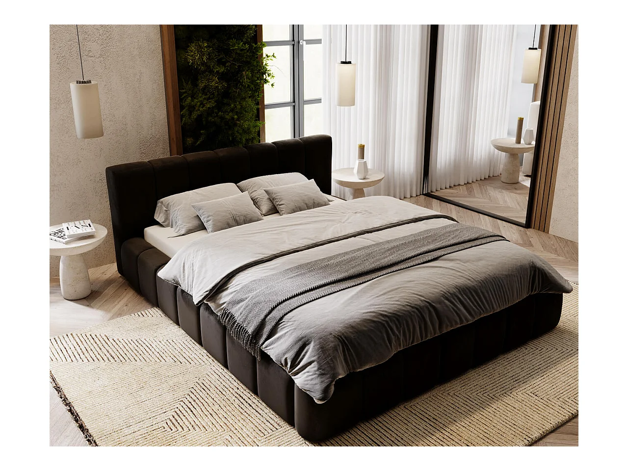 Lit rembourré avec rangement - 160 x 200 - lit double - velours - noir - Split