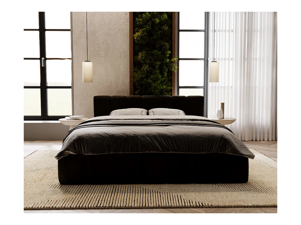 Lit rembourré avec rangement - 160 x 200 - lit double - velours - noir - Split