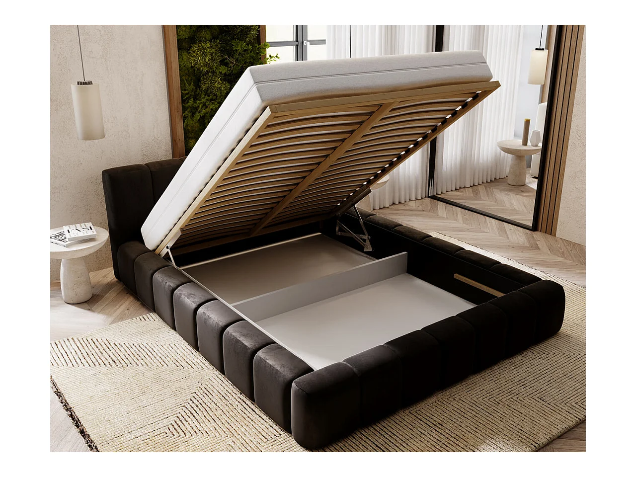 Lit rembourré avec rangement - 160 x 200 - lit double - velours - noir - Split