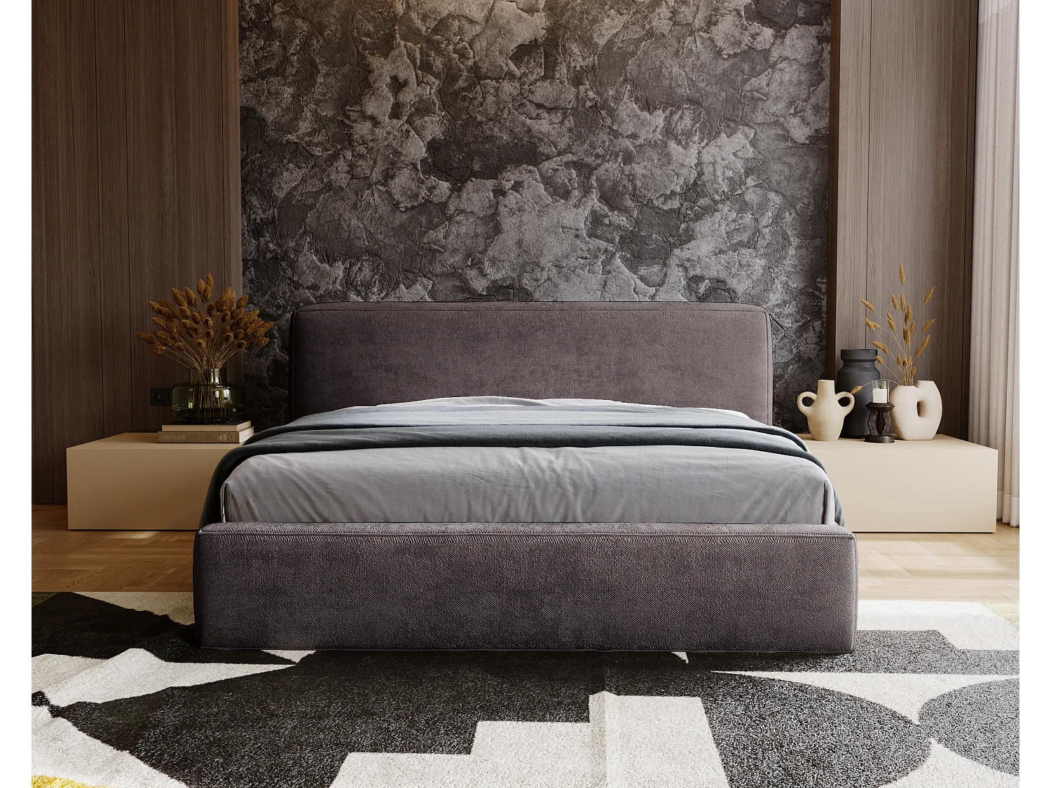 Gestoffeerd bed Monza 160x200 grijs - opbergruimte voor beddengoed, houten lattenbodem, doorgestikt hoofdbord en bedframe