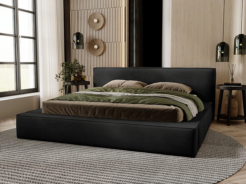 Gestoffeerd bed Mali 120x200 zwart - opbergruimte voor beddengoed, houten lattenbodem, doorgestikt hoofdbord en bedframe