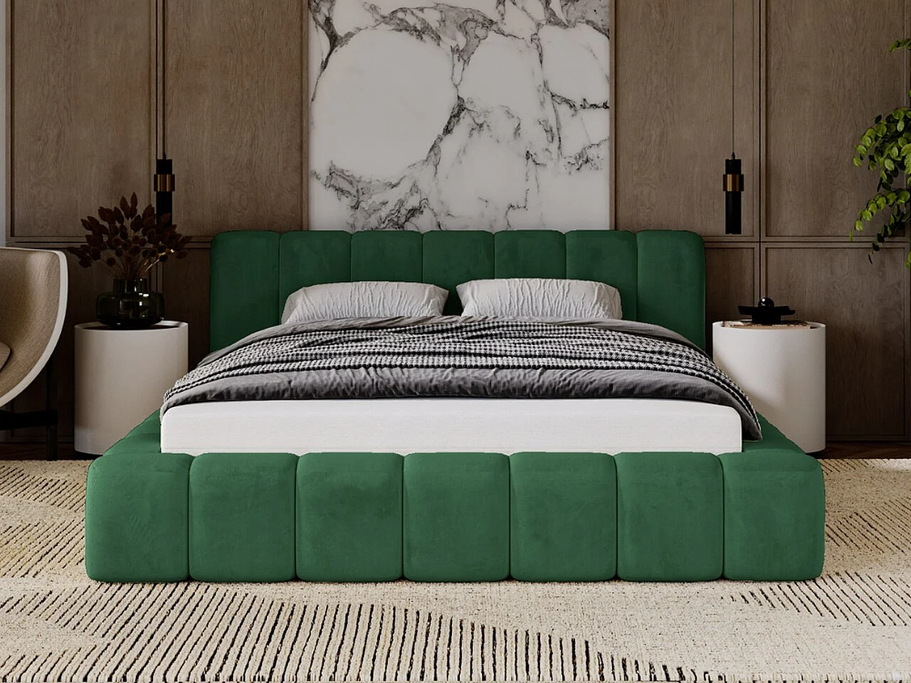 Gestoffeerd bed Ibiza 140x200 groen - opbergruimte voor beddengoed, houten lattenbodem, doorgestikt hoofdbord en bedframe.