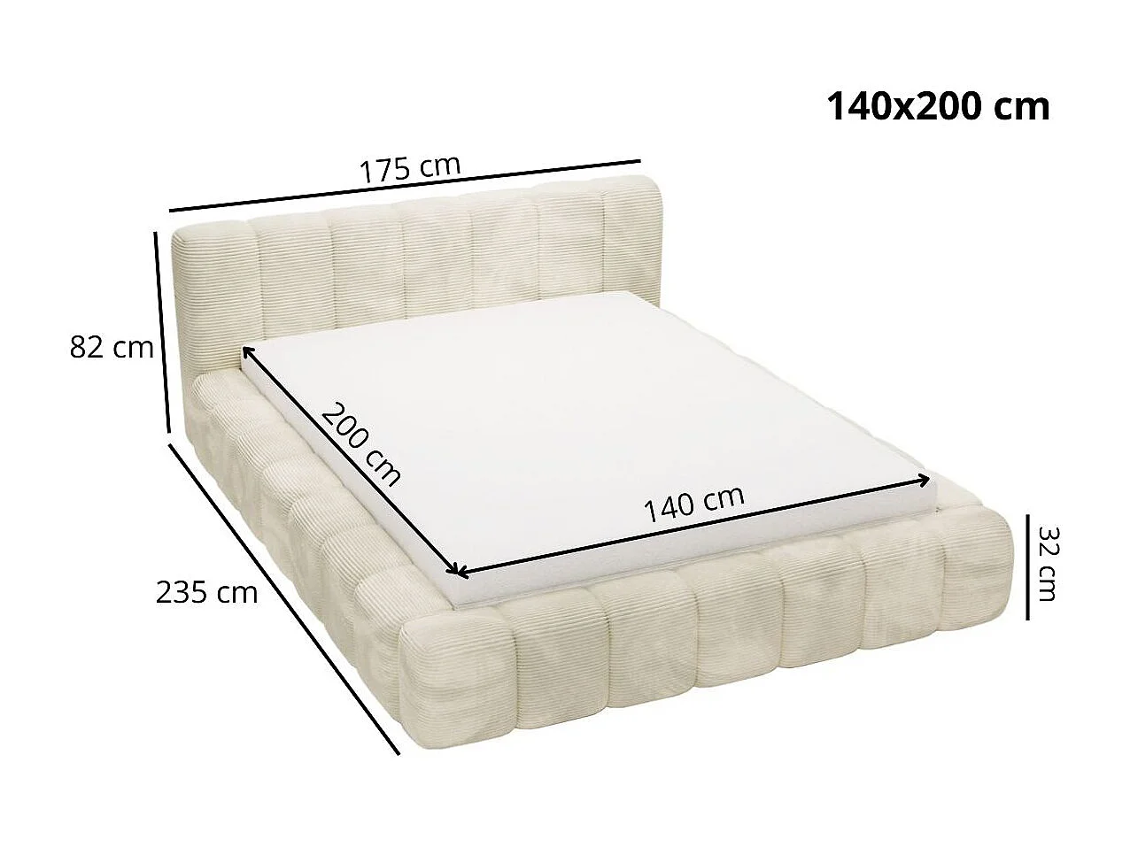 Gestoffeerd bed Ibiza 140x200 groen - opbergruimte voor beddengoed, houten lattenbodem, doorgestikt hoofdbord en bedframe.