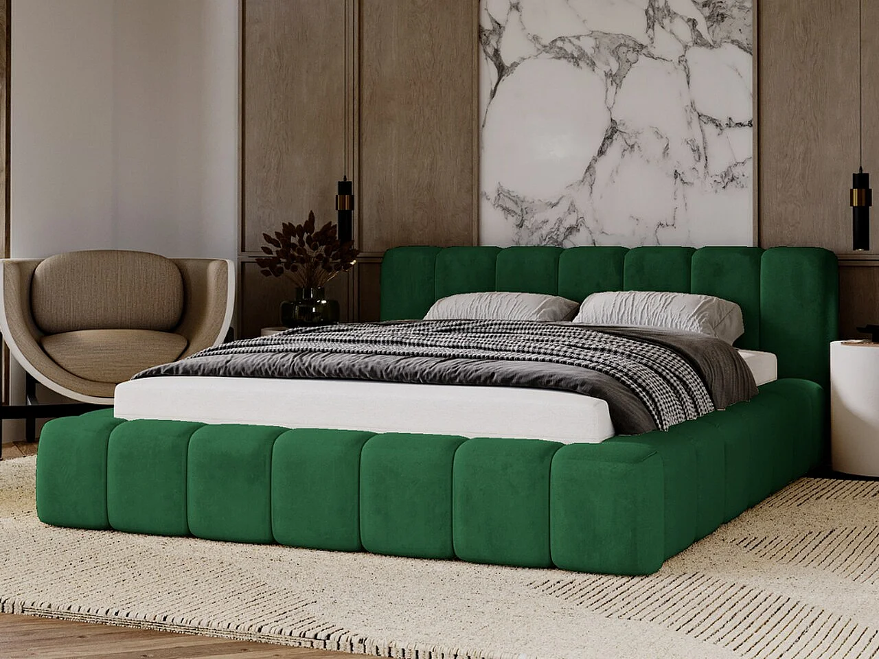 Gestoffeerd bed Ibiza 140x200 groen - opbergruimte voor beddengoed, houten lattenbodem, doorgestikt hoofdbord en bedframe.