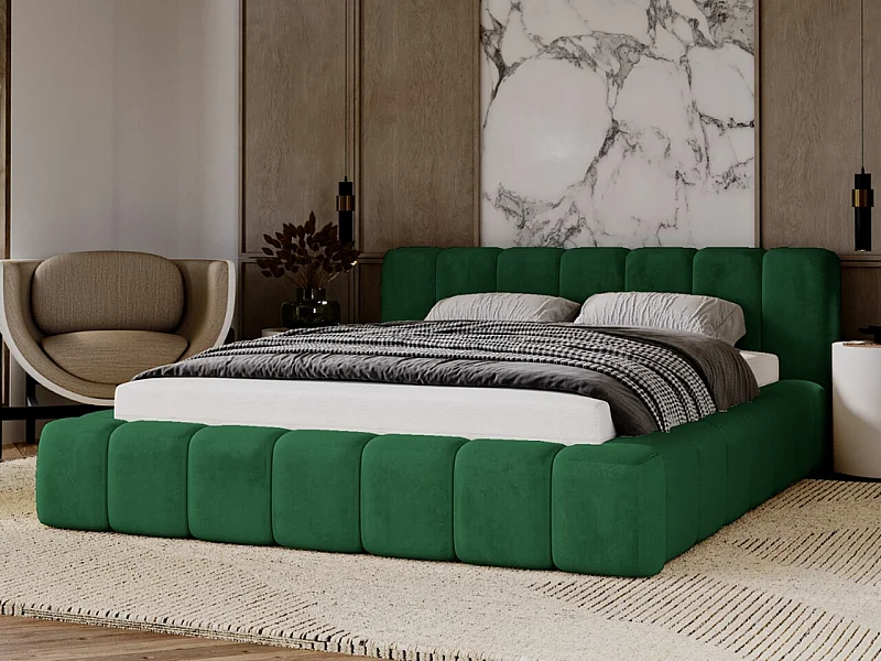 Gestoffeerd bed Ibiza 140x200 groen - opbergruimte voor beddengoed, houten lattenbodem, doorgestikt hoofdbord en bedframe.