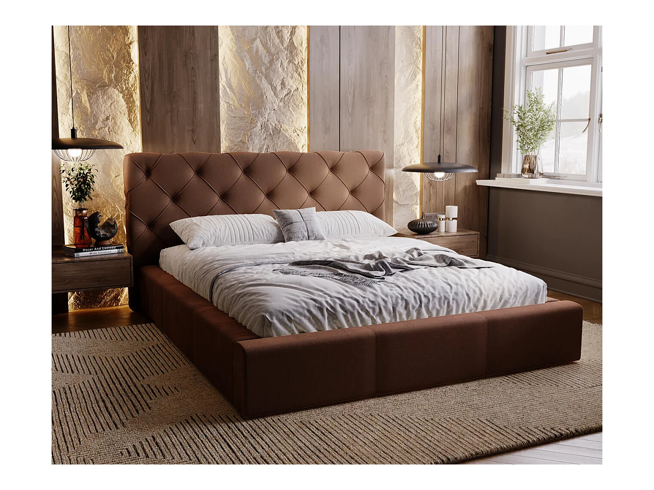 Lit rembourré avec rangement - 120 x 200 - lit double - velours - marron - Milano