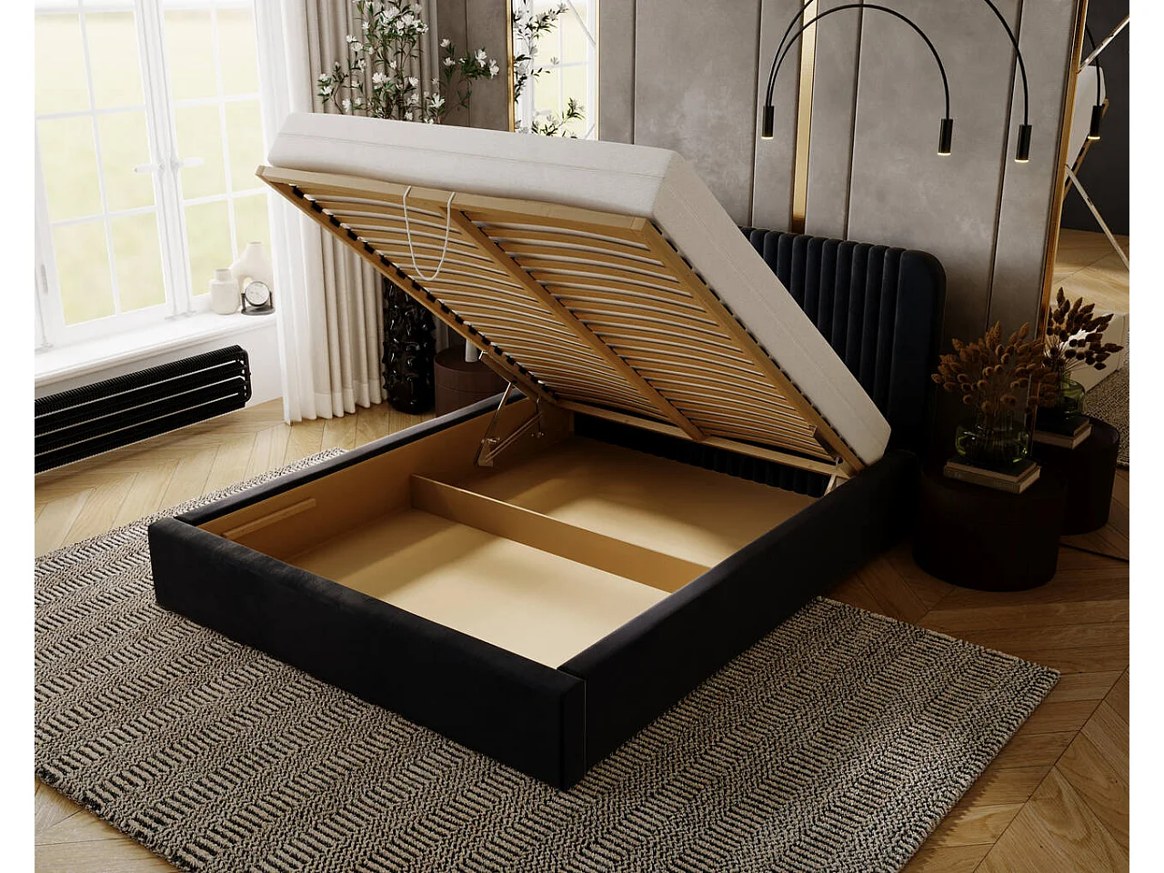 Lit rembourré avec rangement - 180 x 200 - lit double - velours - marine - Malmo