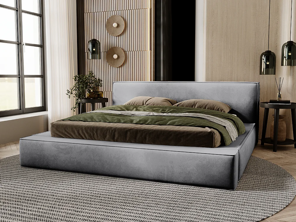 Lit rembourré avec rangement - 140 x 200 - lit double - velours - gris - Mali