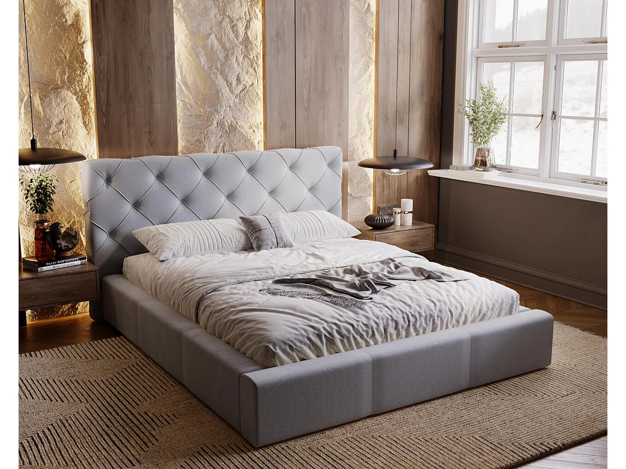 Lit rembourré avec rangement - 180 x 200 - lit double - velours - gris clair - Milano