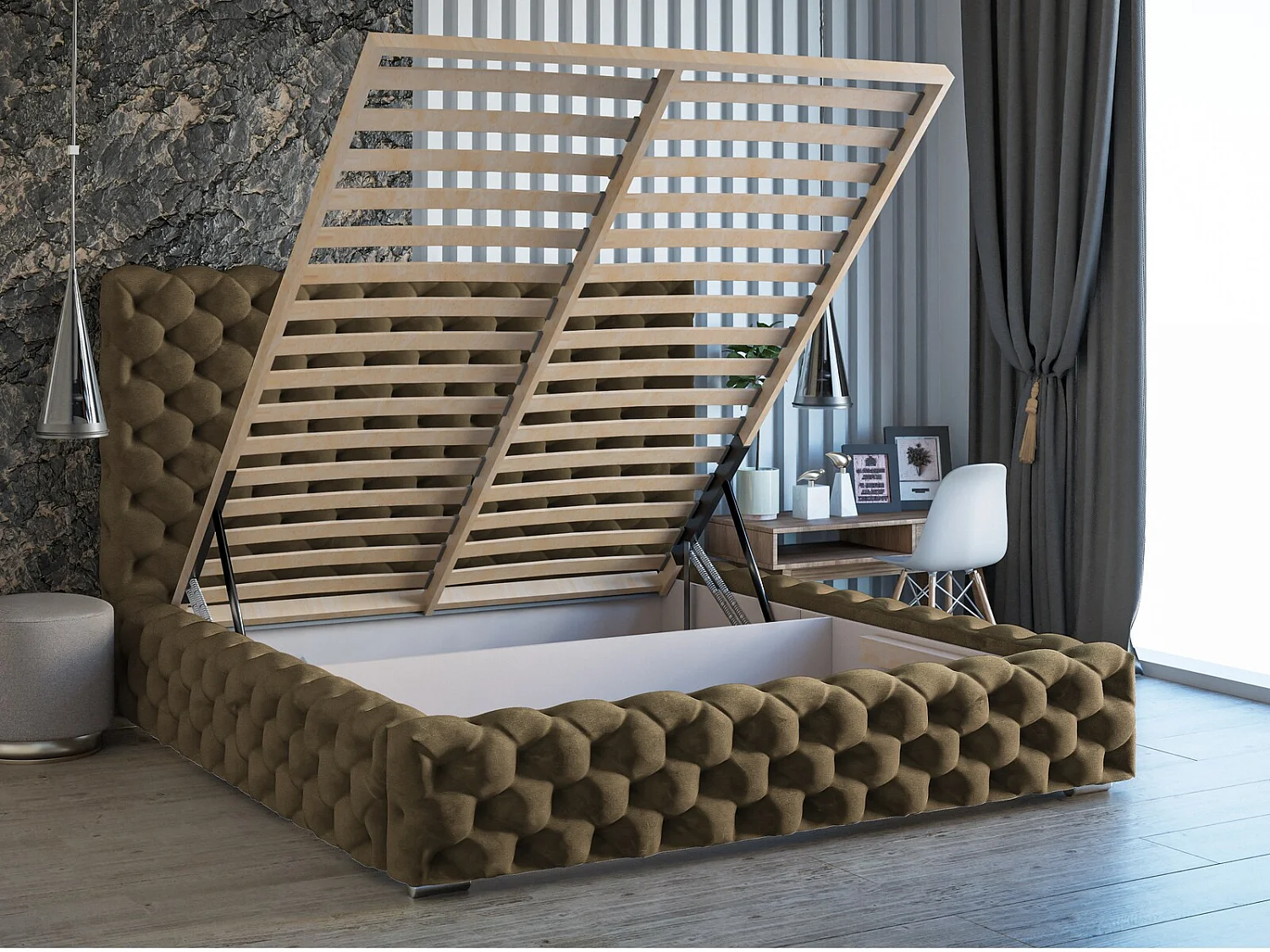 Lit rembourré avec rangement - 120 x 200  - lit double - velours - marron - Heaven