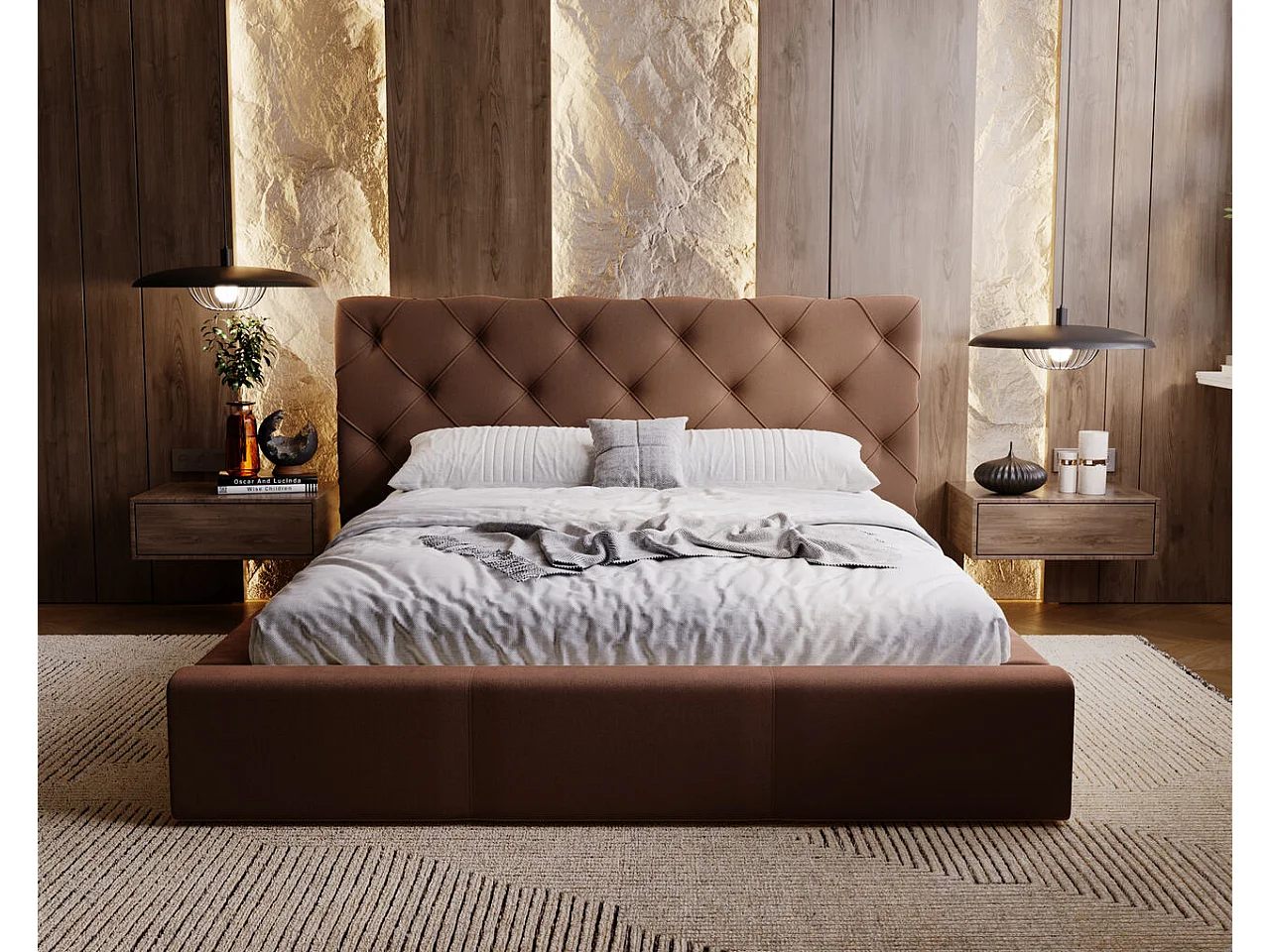 Lit rembourré avec rangement - 140 x 200 - lit double - velours - marron - Milano