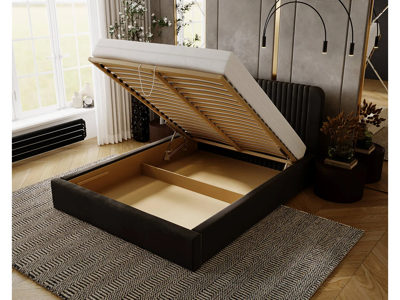 Lit rembourré avec rangement - 200 x 200 - lit double - velours - marron - Malmo