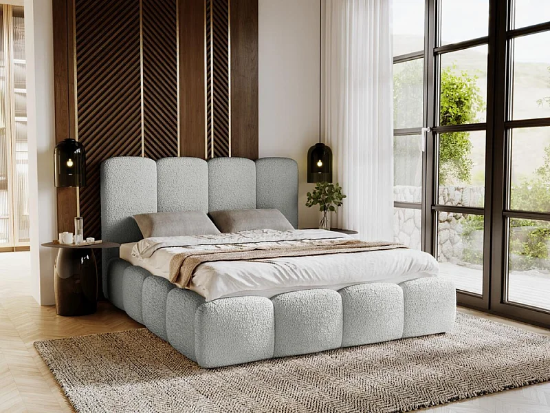 Lit rembourré avec rangement - 200 x 200 - lit double - bouclé - gris clair - Galli