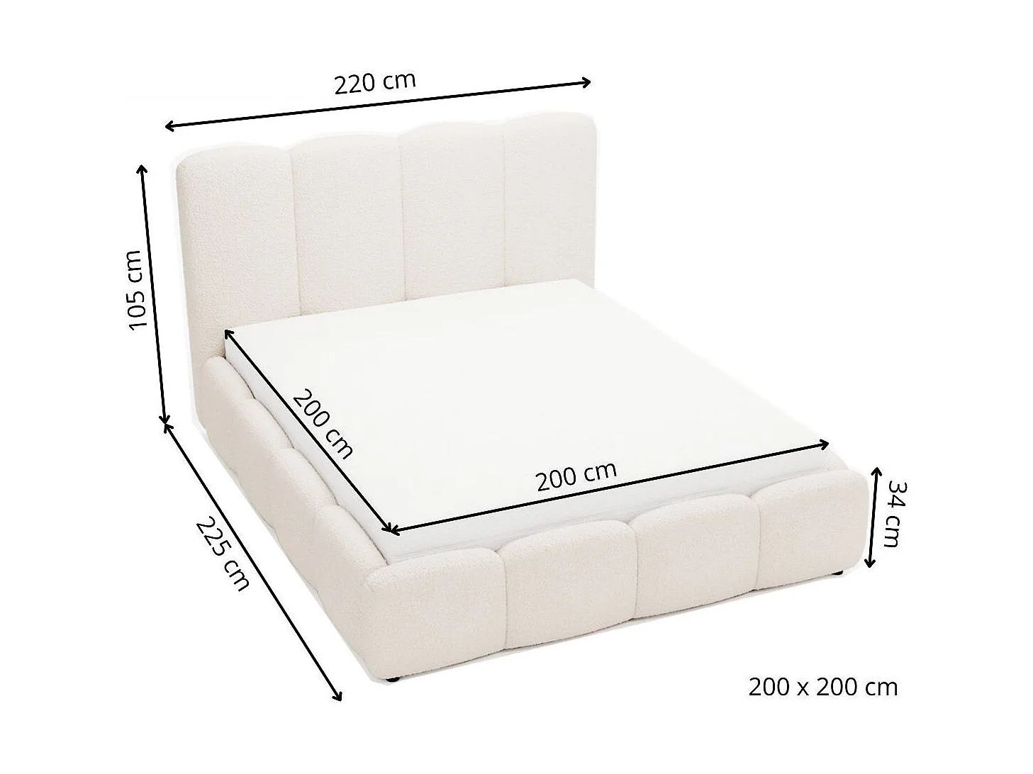 Lit rembourré avec rangement - 200 x 200 - lit double - bouclé - gris clair - Galli