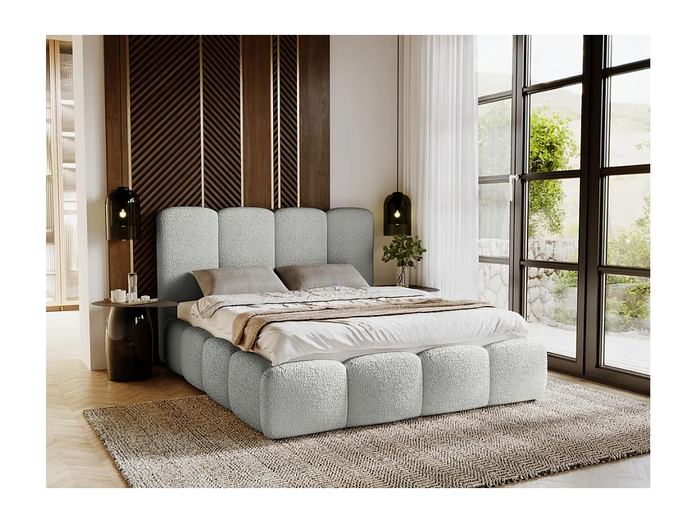 Lit rembourré avec rangement - 200 x 200 - lit double - bouclé - gris clair - Galli