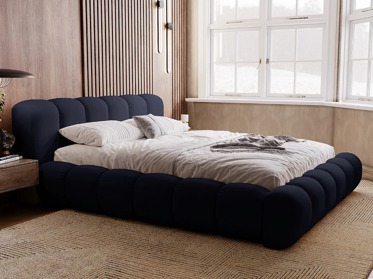 Polsterbett mit Bettkasten - 120 x 200 - Samtstoff - Marineblau - Bett mit Lattenrost - DORIA