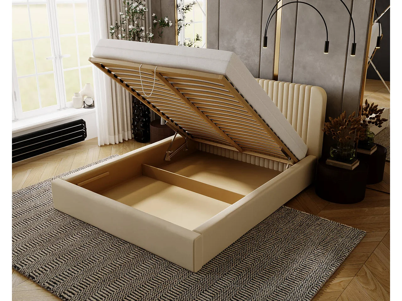 Lit rembourré avec rangement - 120 x 200 - lit double - velours - beige - Malmo