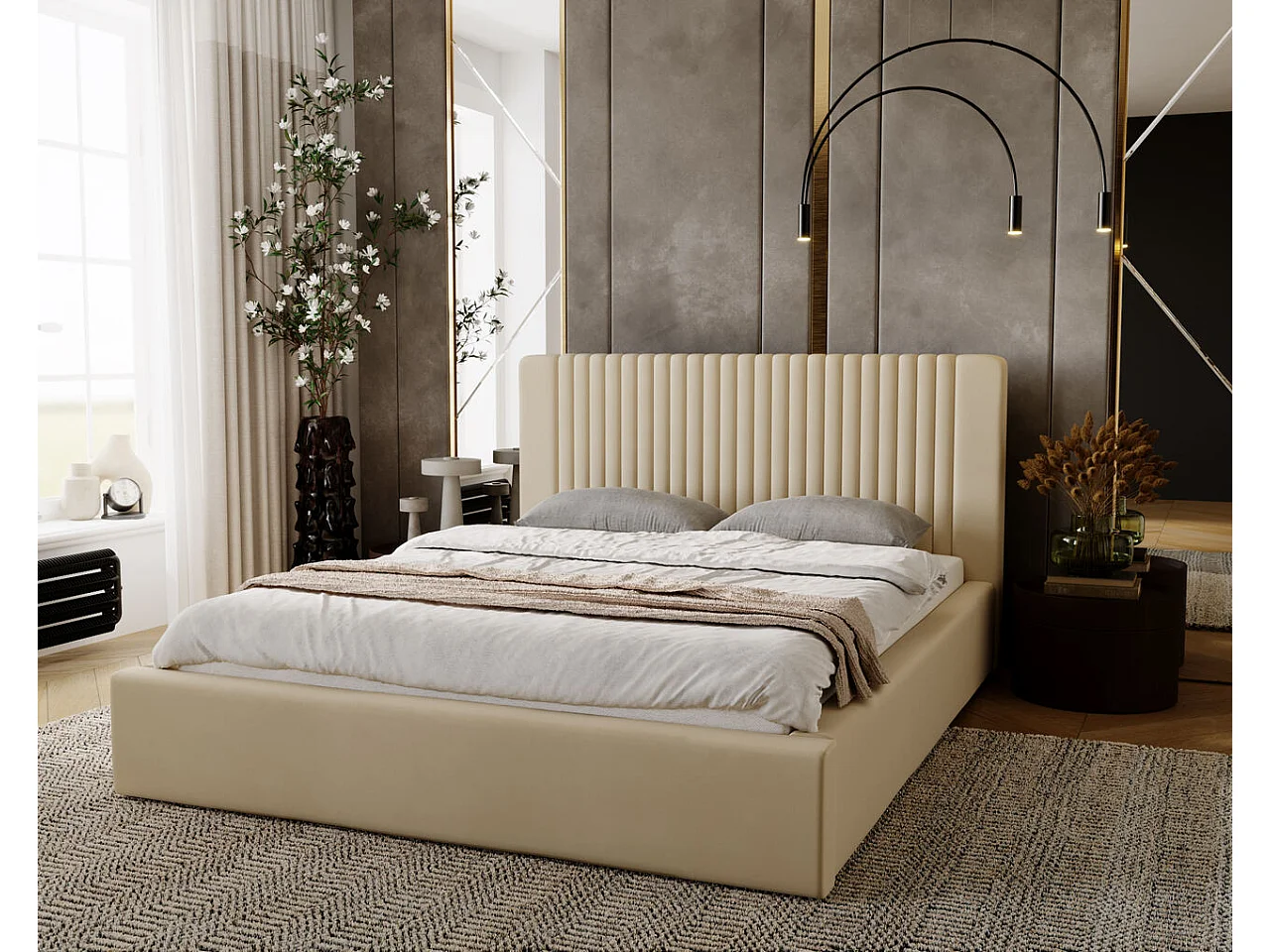 Gestoffeerd bed Malmo 120x200 beige - opbergruimte voor bed Malmodengoed, houten lattenbodem, doorgestikt hoofdbord en bedframe