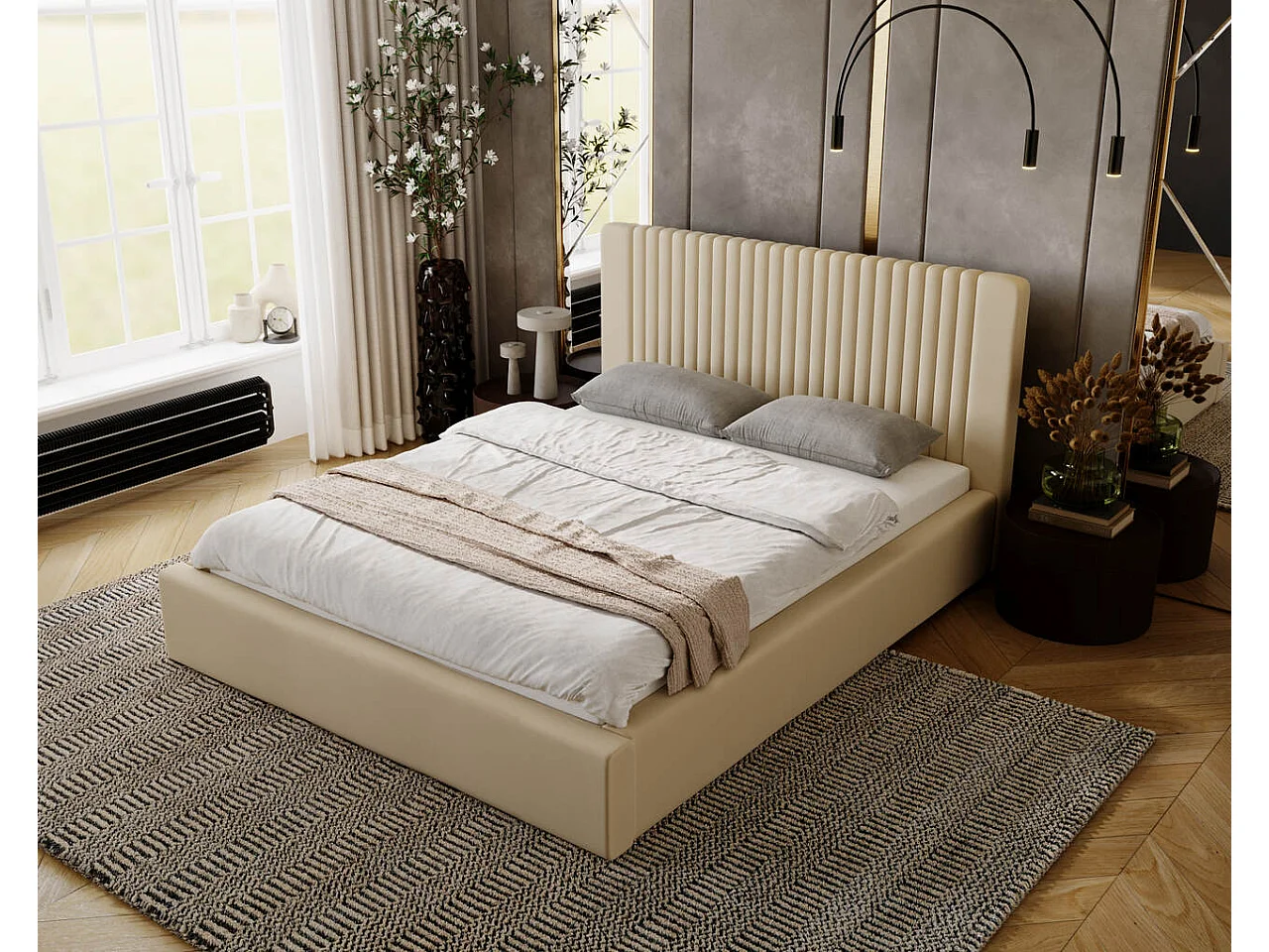 Gestoffeerd bed Malmo 120x200 beige - opbergruimte voor bed Malmodengoed, houten lattenbodem, doorgestikt hoofdbord en bedframe