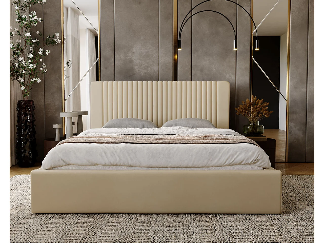 Gestoffeerd bed Malmo 120x200 beige - opbergruimte voor bed Malmodengoed, houten lattenbodem, doorgestikt hoofdbord en bedframe