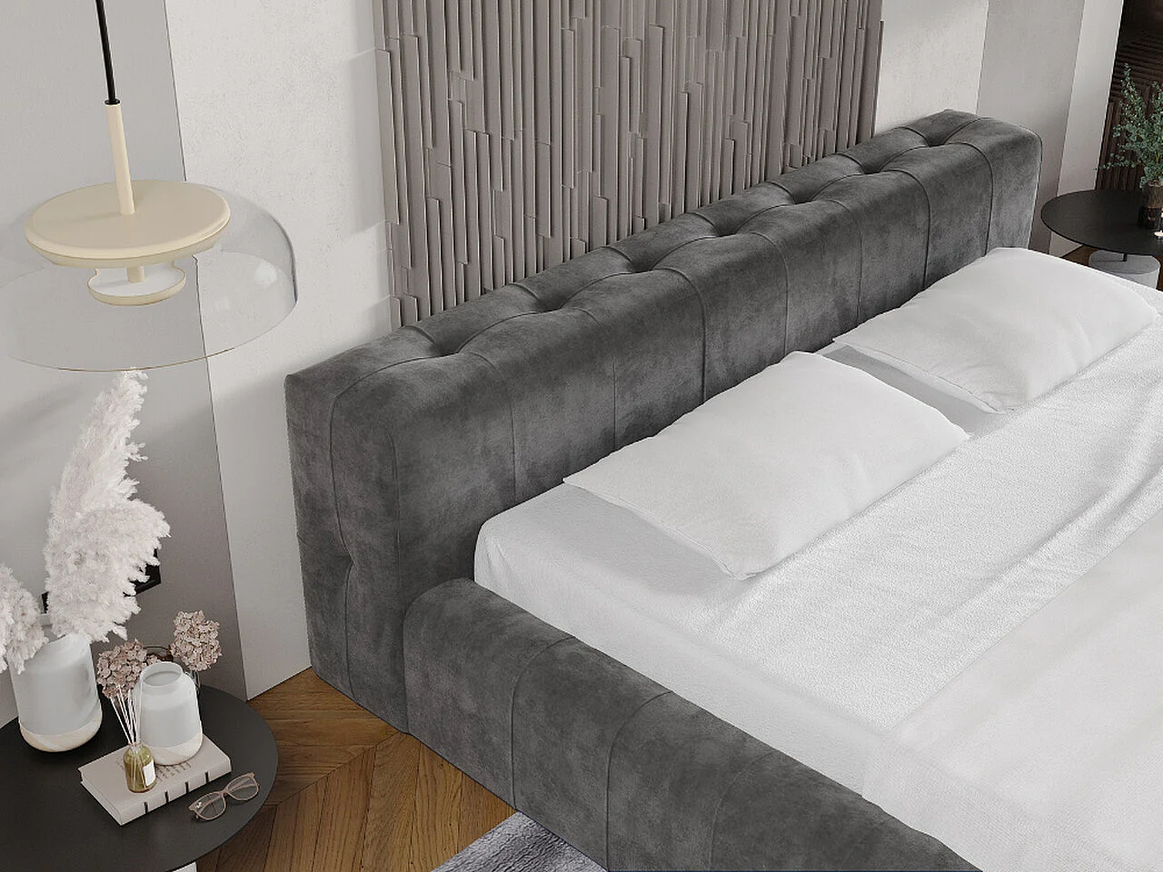 Lit rembourré avec rangement - 120 x 200 - lit double - velours - gris foncé - Lipari