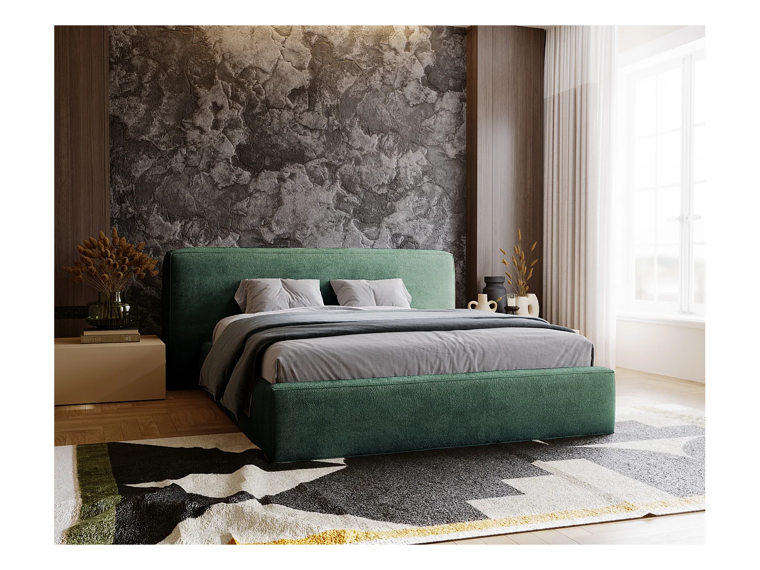 Gestoffeerd bed Monza 120x200 groen - opbergruimte voor beddengoed, houten lattenbodem, doorgestikt hoofdbord en bedframe