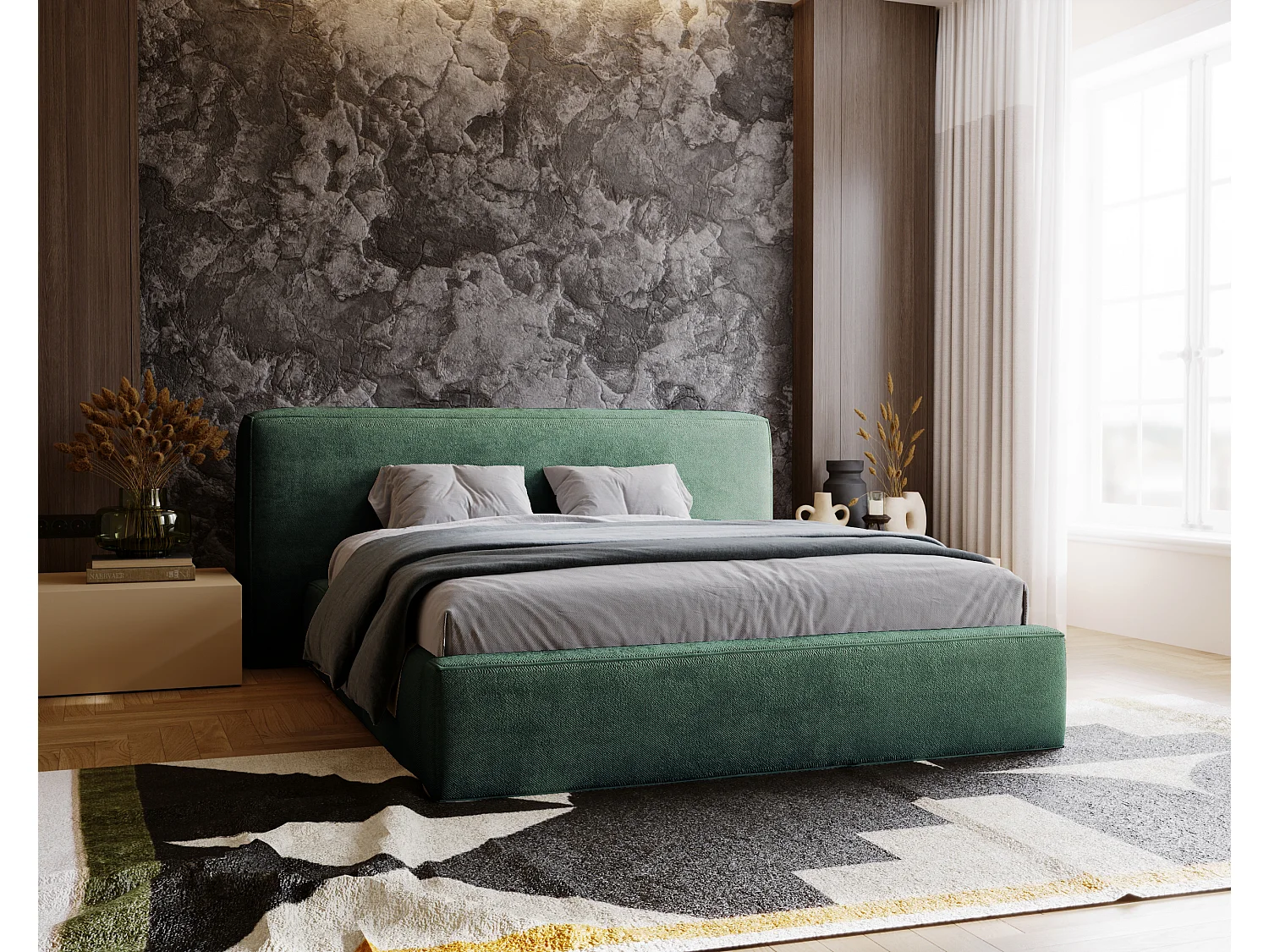 Lit rembourré avec rangement - 120 x 200 - lit double - chenille - vert - Monza