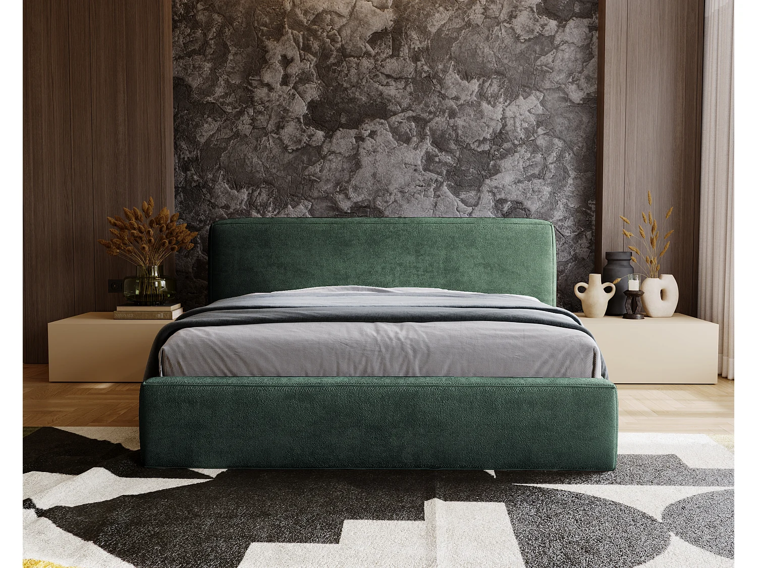Lit rembourré avec rangement - 120 x 200 - lit double - chenille - vert - Monza