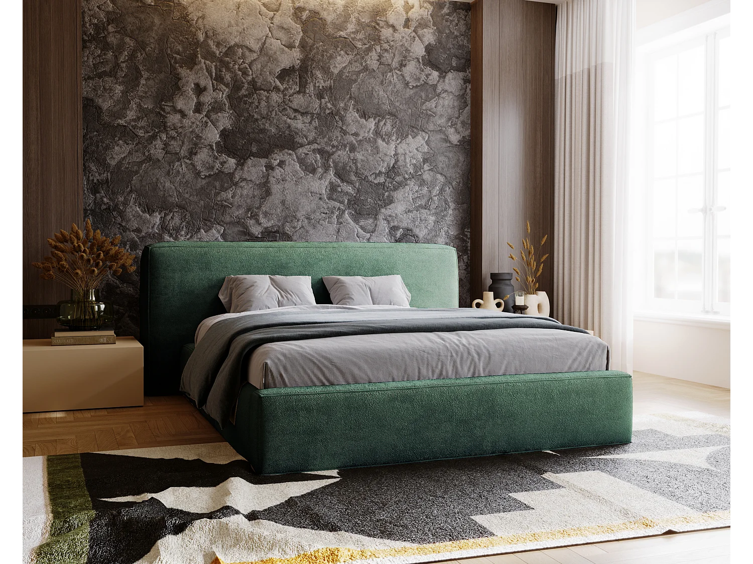 Gestoffeerd bed Monza 120x200 groen - opbergruimte voor beddengoed, houten lattenbodem, doorgestikt hoofdbord en bedframe