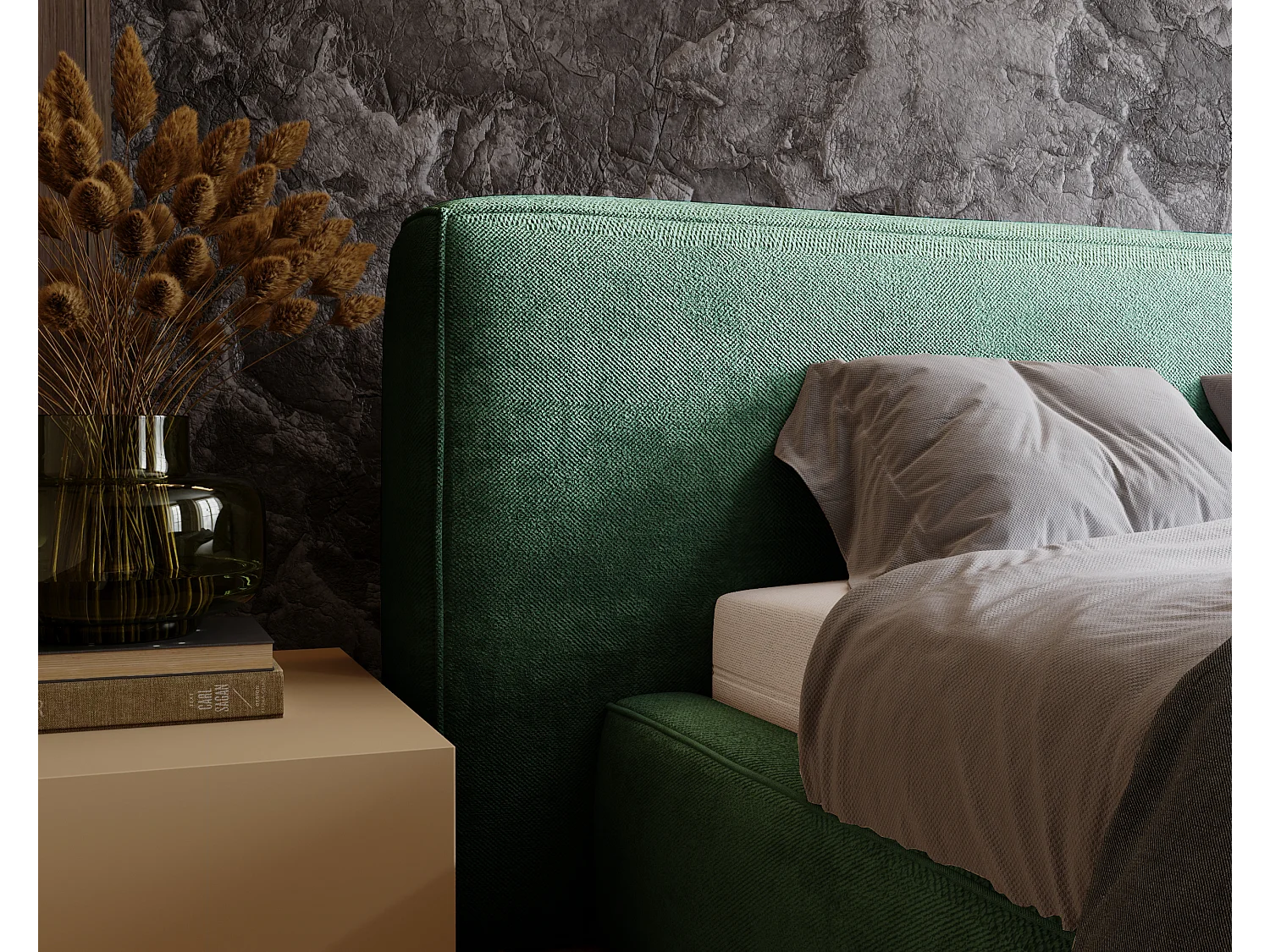 Gestoffeerd bed Monza 120x200 groen - opbergruimte voor beddengoed, houten lattenbodem, doorgestikt hoofdbord en bedframe