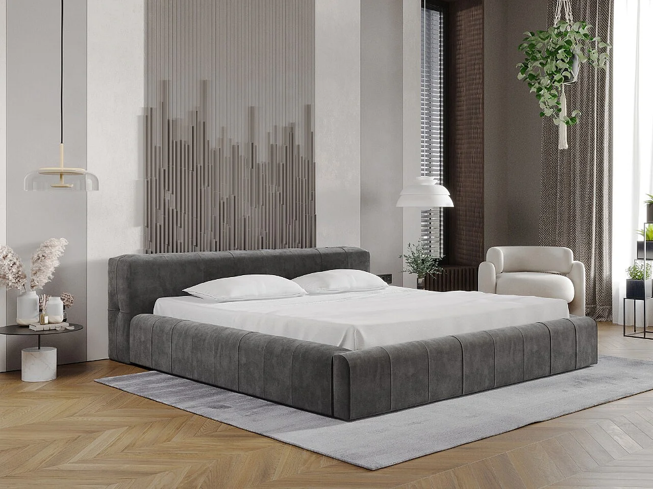 Lit rembourré avec rangement - 140 x 200 - lit double - velours - gris foncé - Lipari