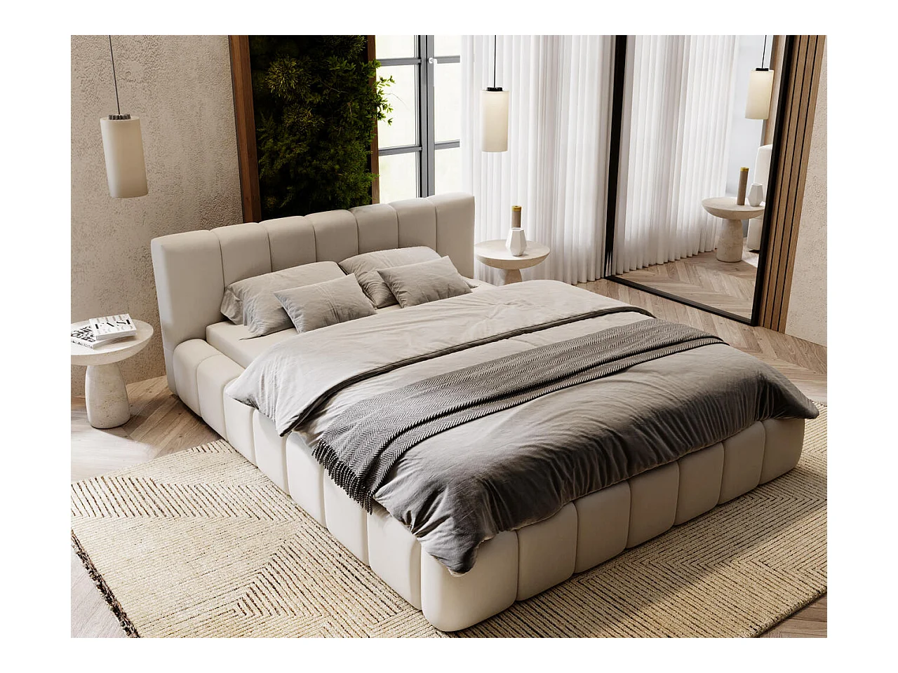 Lit rembourré avec rangement - 160 x 200 - lit double - velours - gris clair - Split