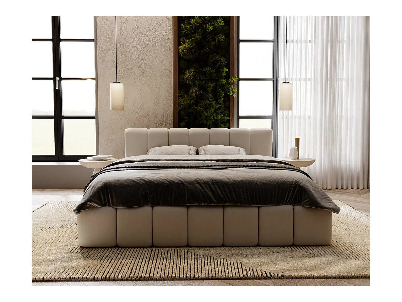 Lit rembourré avec rangement - 160 x 200 - lit double - velours - gris clair - Split