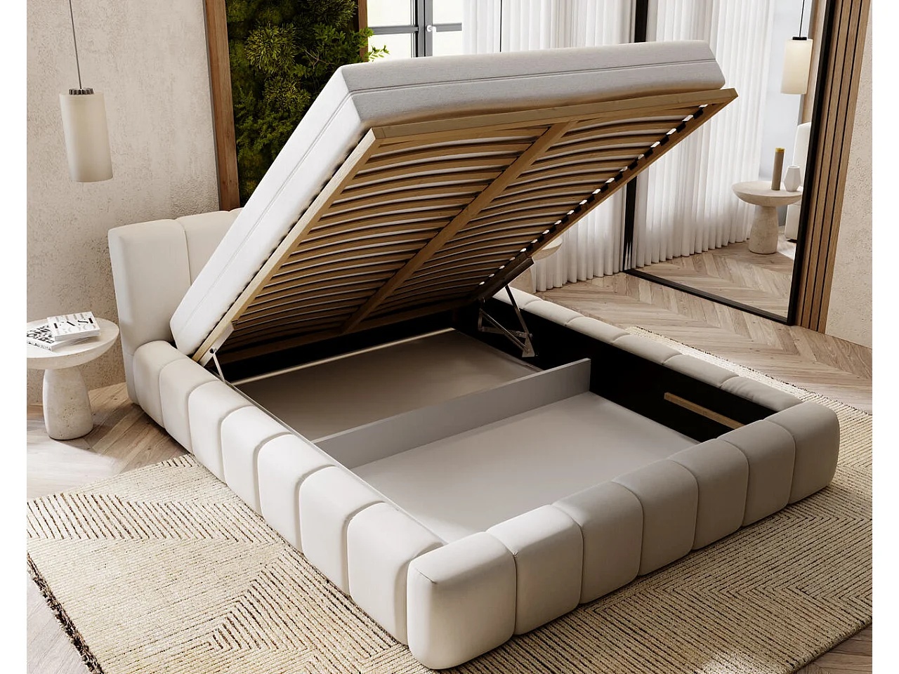 Lit rembourré avec rangement - 160 x 200 - lit double - velours - gris clair - Split