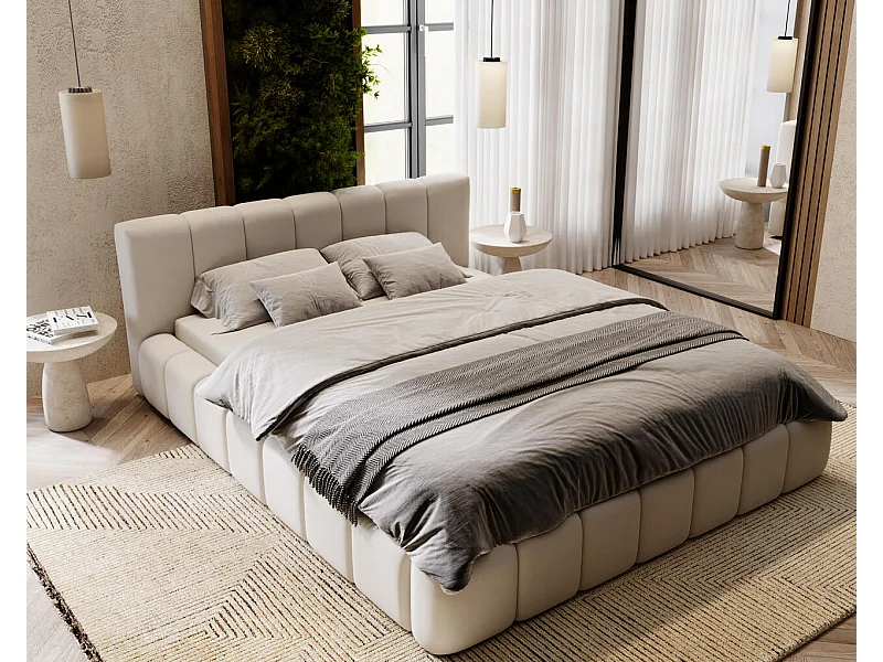 Polsterbett mit Bettkasten - 160 x 200 - Samtstoff - Hellgrau - Bett mit Lattenrost - SPLIT