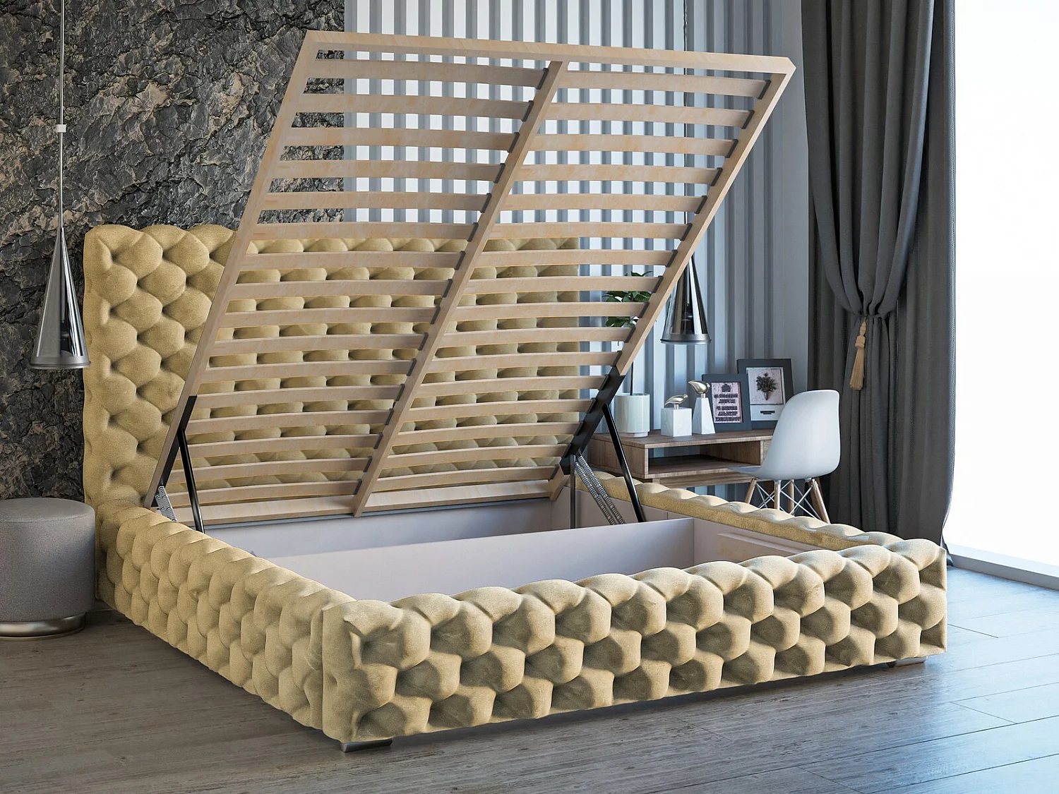 Gestoffeerd bed Heaven 140x200 beige - opbergruimte voor beddengoed, houten lattenbodem, doorgestikt hoofdbord en bedframe