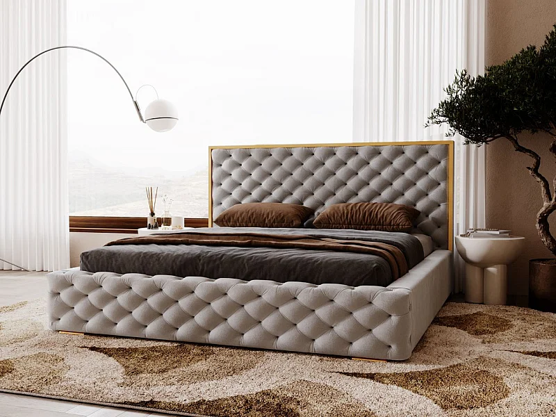 Gestoffeerd bed Wave 180x200 grijs - opbergruimte voor beddengoed, houten lattenbodem, doorgestikt hoofdbord en bedframe