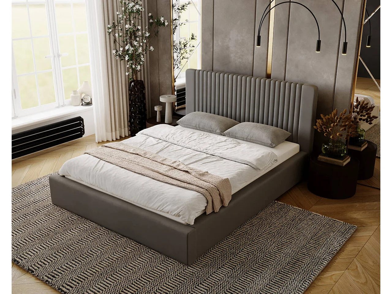 Lit rembourré avec rangement - 120 x 200 - lit double - velours - gris - Malmo