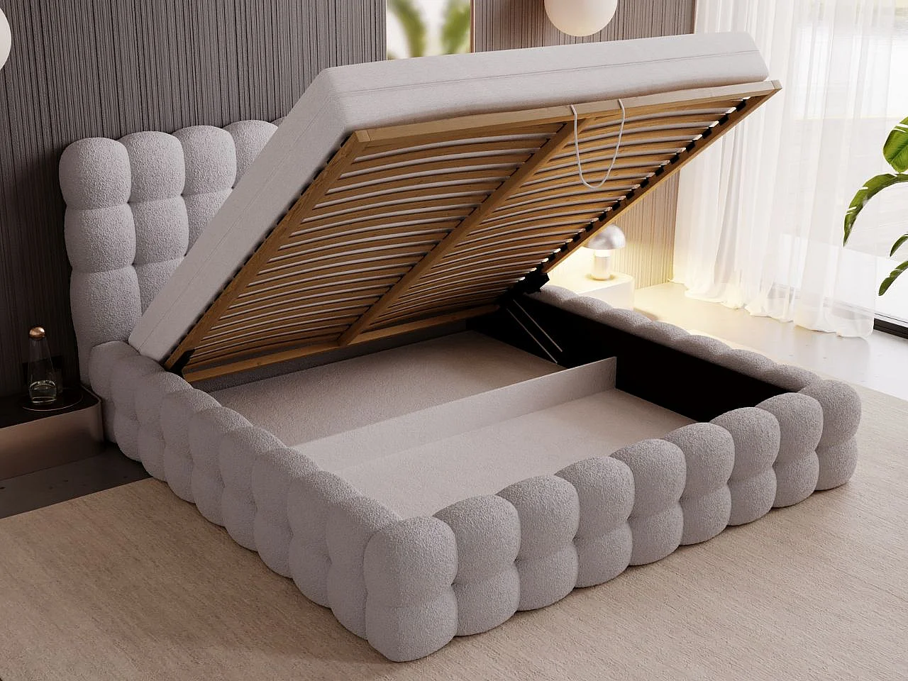 Gestoffeerd bed Twist 140x200 grijs - opbergruimte voor beddengoed, houten lattenbodem, doorgestikt hoofdbord en bedframe