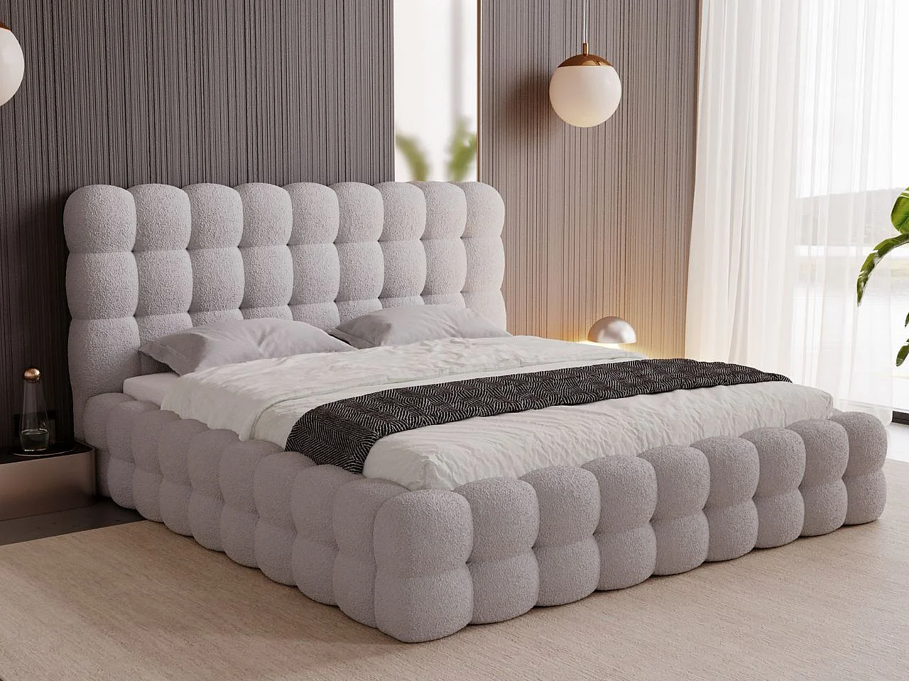 Lit rembourré avec rangement - 140 x 200 - lit double - bouclé - gris - Twist