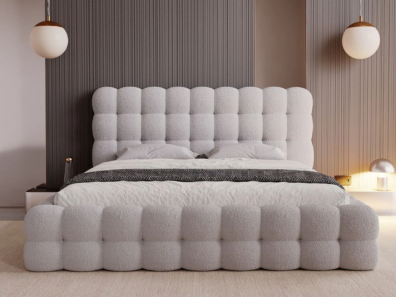 Lit rembourré avec rangement - 140 x 200 - lit double - bouclé - gris - Twist