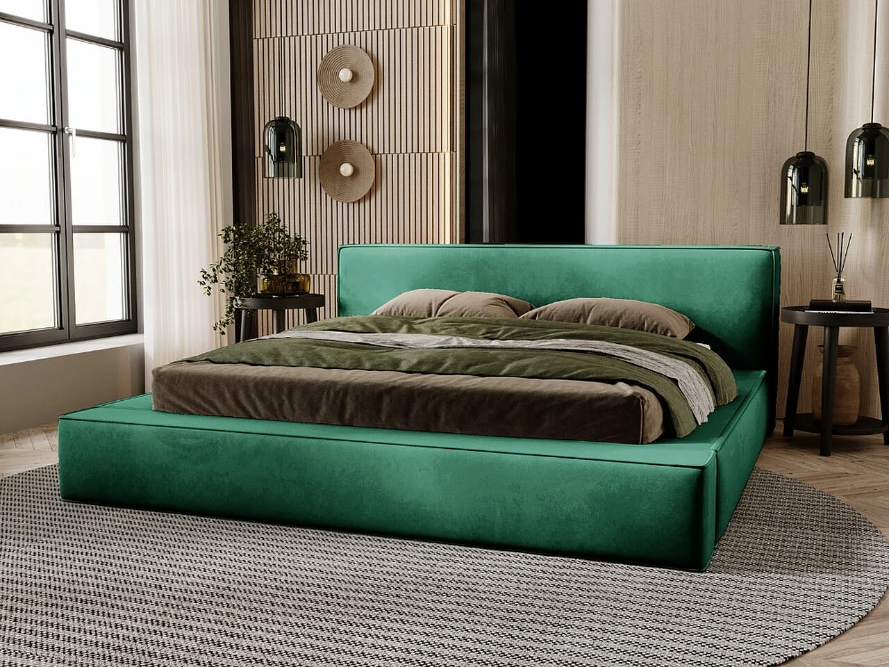 Gestoffeerd bed Mali 160x200 groen - opbergruimte voor beddengoed, houten lattenbodem, doorgestikt hoofdbord en bedframe