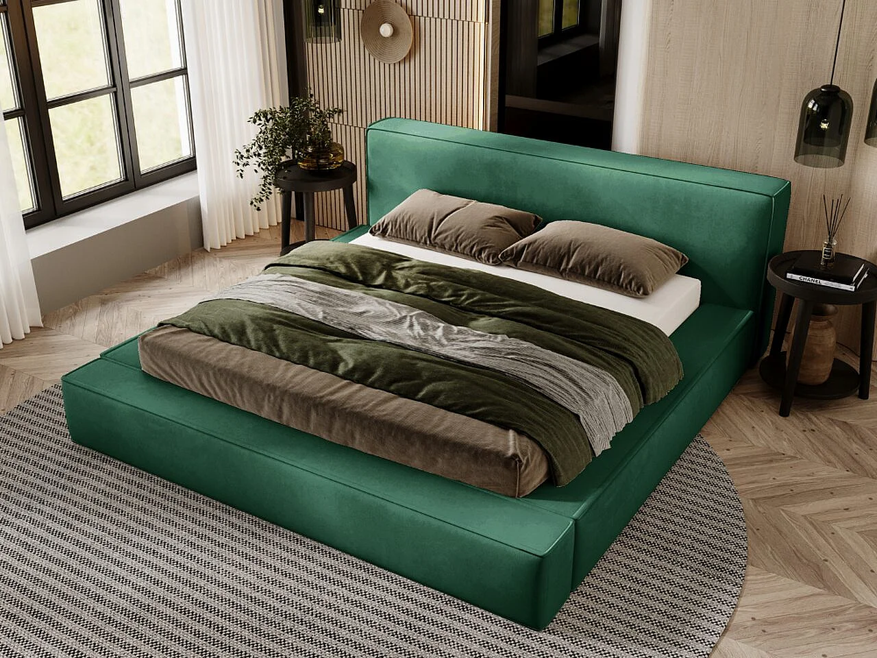 Gestoffeerd bed Mali 160x200 groen - opbergruimte voor beddengoed, houten lattenbodem, doorgestikt hoofdbord en bedframe