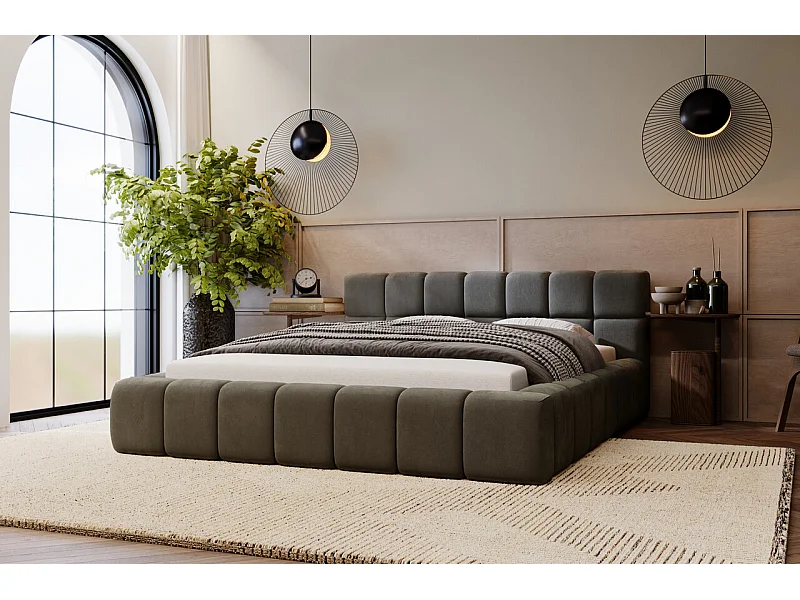 Lit rembourré avec rangement - 140 x 200 - lit double - velours - gris foncé - Alicante