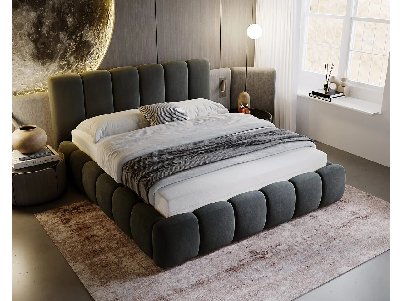 Gestoffeerd bed Cloud 160x200 donkergrijs - opbergruimte voor beddengoed, houten lattenbodem, doorgestikt hoofdbord en bedframe