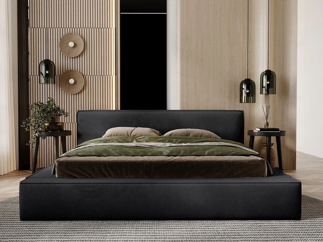 Gestoffeerd bed Mali 140x200 zwart - opbergruimte voor beddengoed, houten lattenbodem, doorgestikt hoofdbord en bedframe