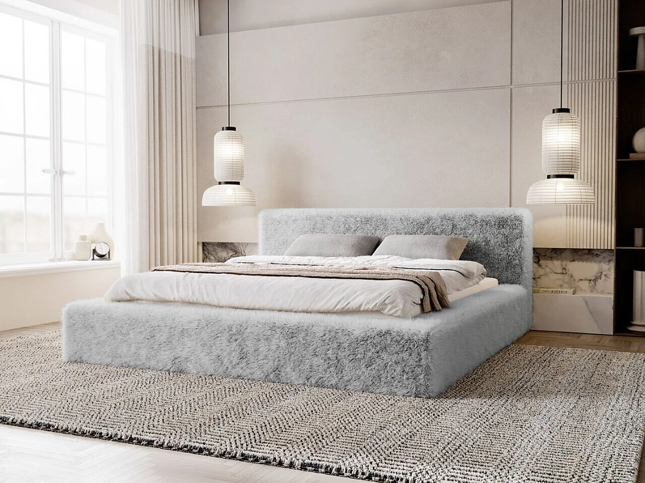 Gestoffeerd bed Enjoy 160x200 lichtgrijs - opbergruimte voor beddengoed, houten lattenbodem, doorgestikt hoofdbord en bedframe